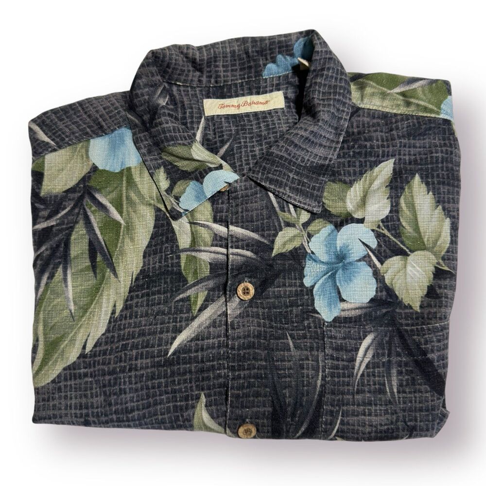 Tommy Bahama Mens Silk Hawaiian Shirt Medium Black Gray‎ Button Floral Pocket